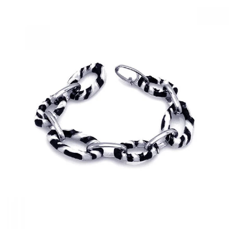 Clearance-Silver 925 Rhodium Plated Black and White Enamel Zebra Print Open Link Bracelet - STB00417