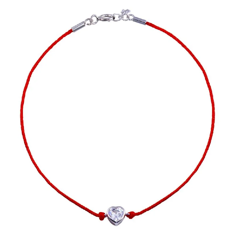 Rhodium Plated 925 Sterling Silver Single Heart CZ Red Cord Bracelet - STB00599