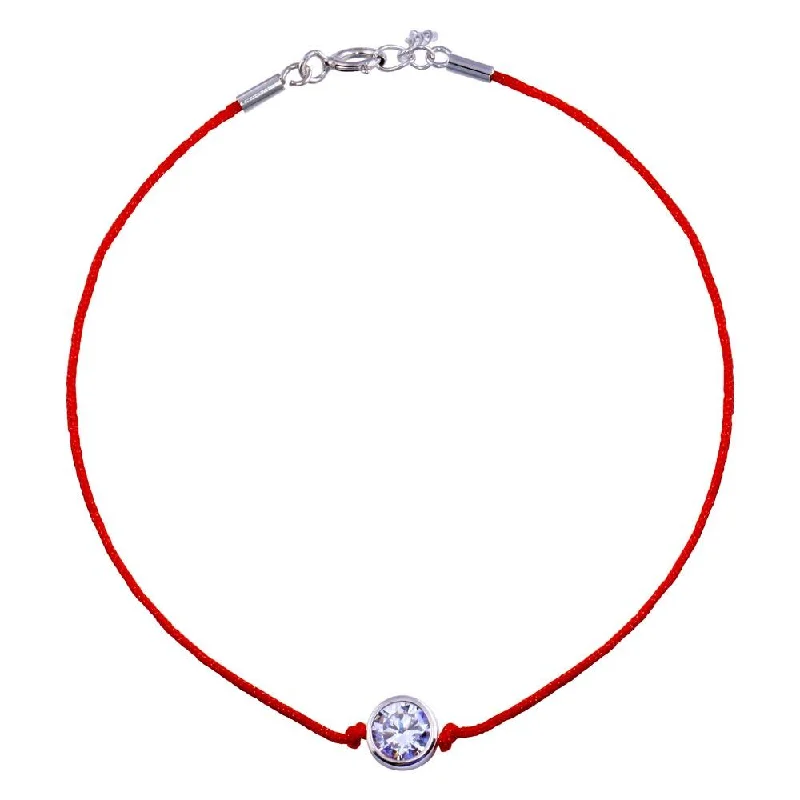 Rhodium Plated 925 Sterling Silver Single CZ Red Cord Bracelet - STB00592