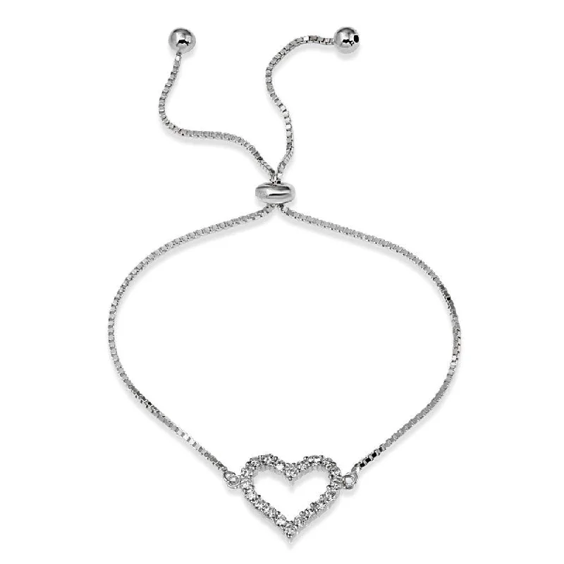 Rhodium Plated 925 Sterling Silver Open Heart CZ Lariat Bracelet - STB00550RH