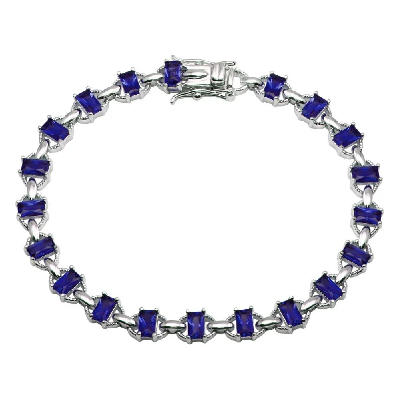 Rhodium Plated 925 Sterling Silver 6.1mm Link Blue CZ Tennis Bracelet - BGB00319BLU