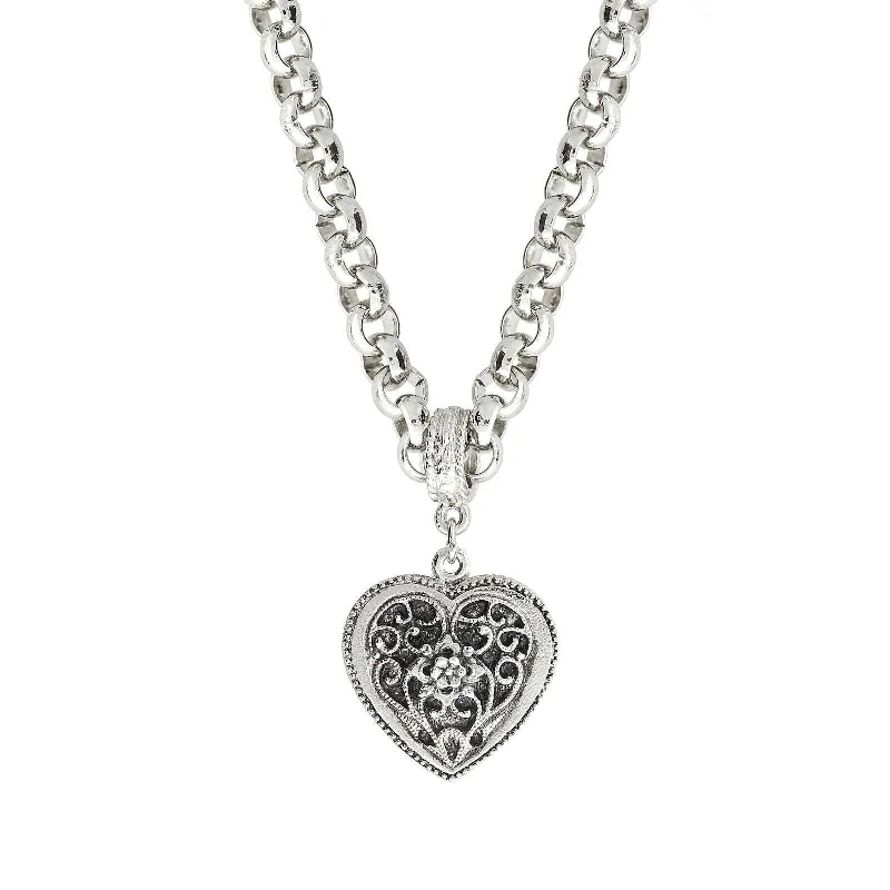 1928 Jewelry Silver Filigree Flower Heart Pendant Necklace 16" + 3" Extender