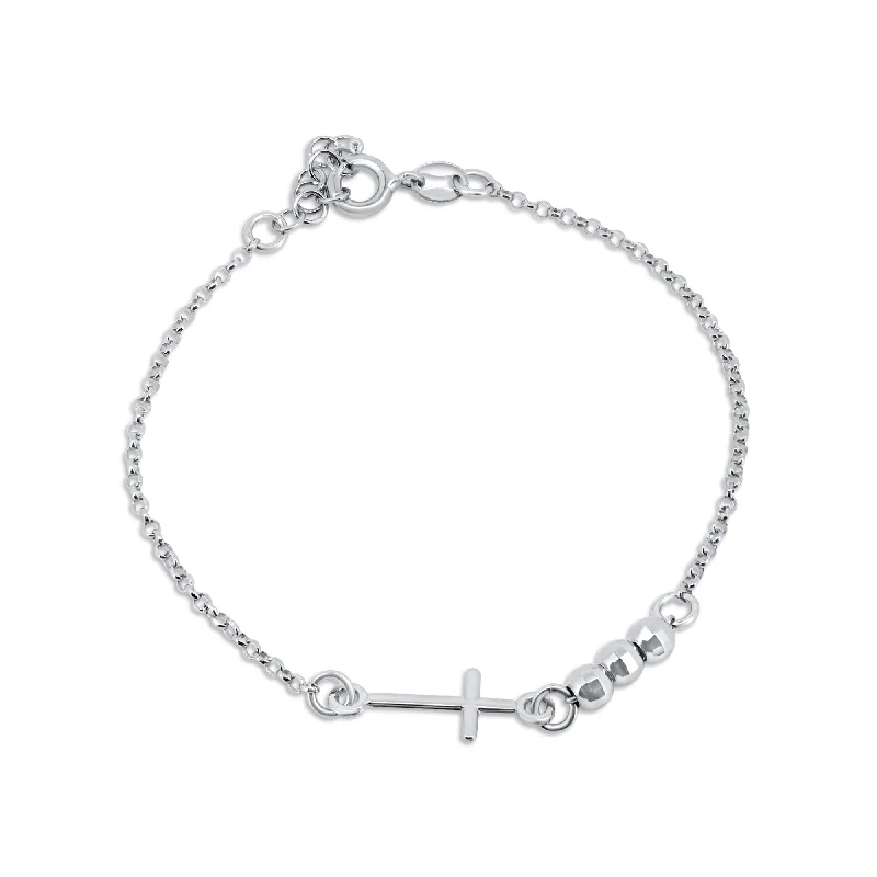 Rhodium Plated 925 Sterling Silver 3 DC Bead Cross Bracelet - GCB00003-RH