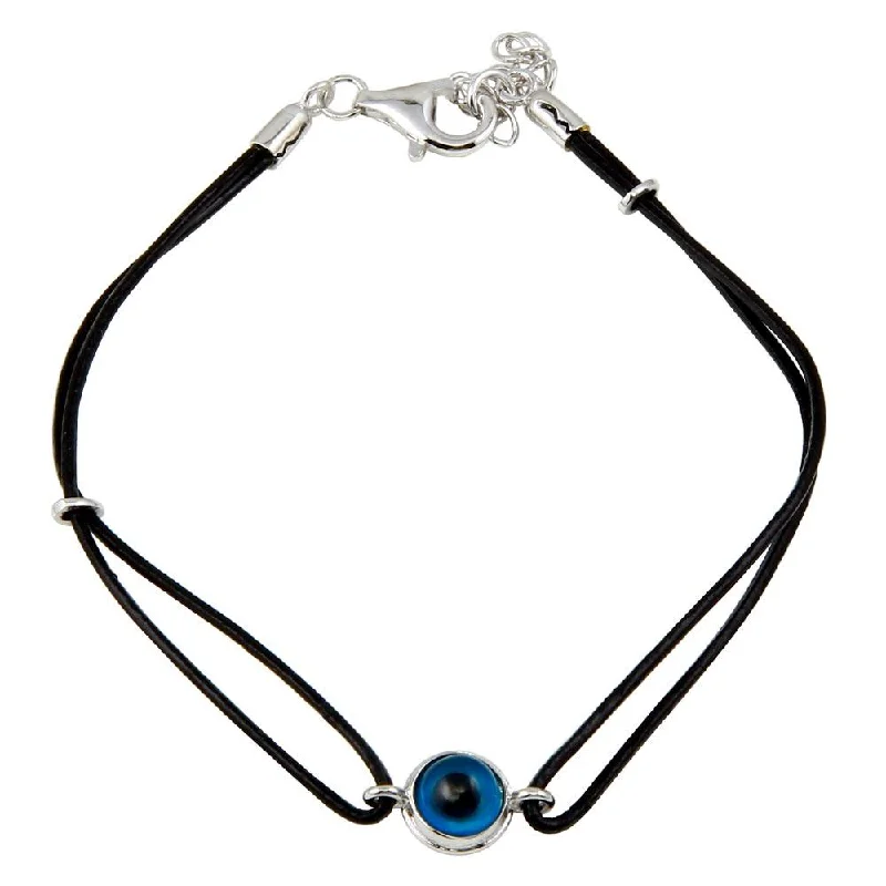 Rhodium Plated 925 Sterling Silver Round Evil Eye Black Cord Bracelet - BGB00143