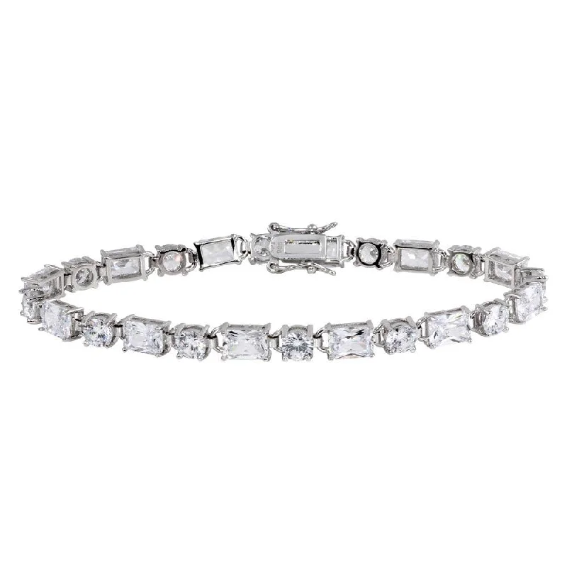 Rhodium Plated 925 Sterling Silver Round and Rectangle CZ Tennis Bracelet - STB00559