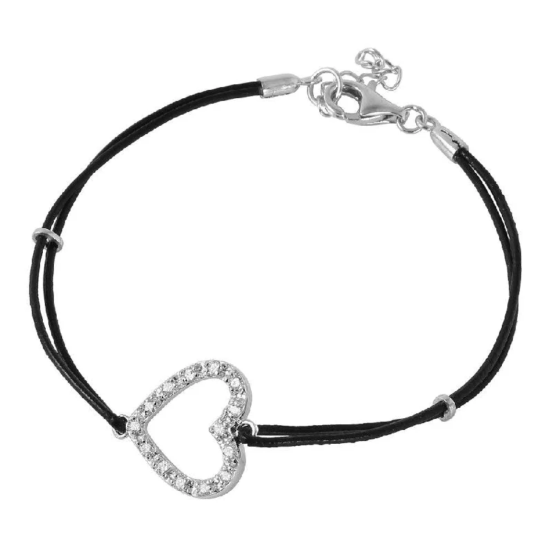 Silver 925 CZ Open Heart Leather Strap Bracelet - BGB00153