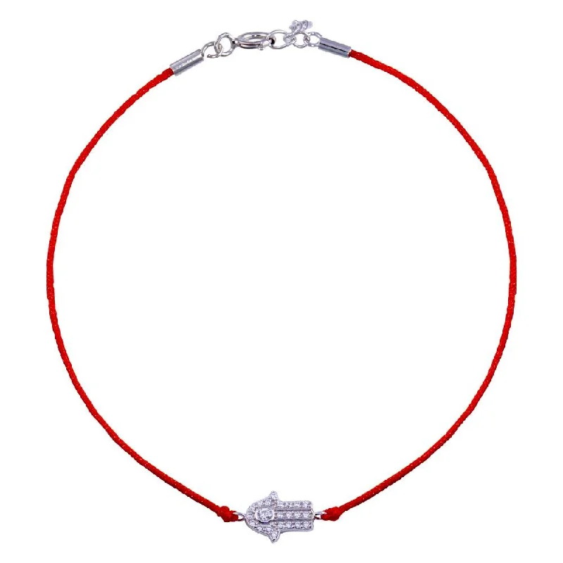 Rhodium Plated 925 Sterling Silver Hamsa Hand CZ Red Cord Bracelet - STB00595