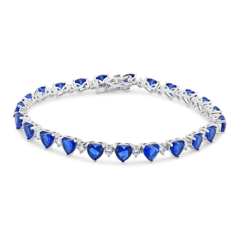 Rhodium Plated 925 Sterling Silver Heart Blue CZ 6mm Tennis Bracelet - STB00622BLUE