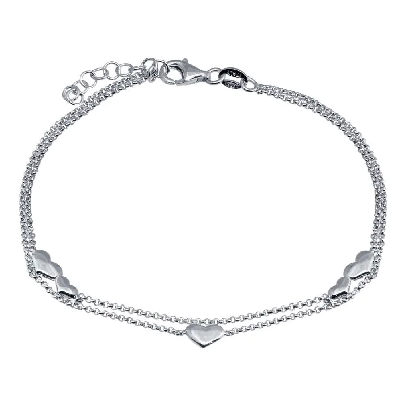 Rhodium Plated 925 Sterling Silver Adjustable Double Strand Multi Heart Bracelet - VGB19RH