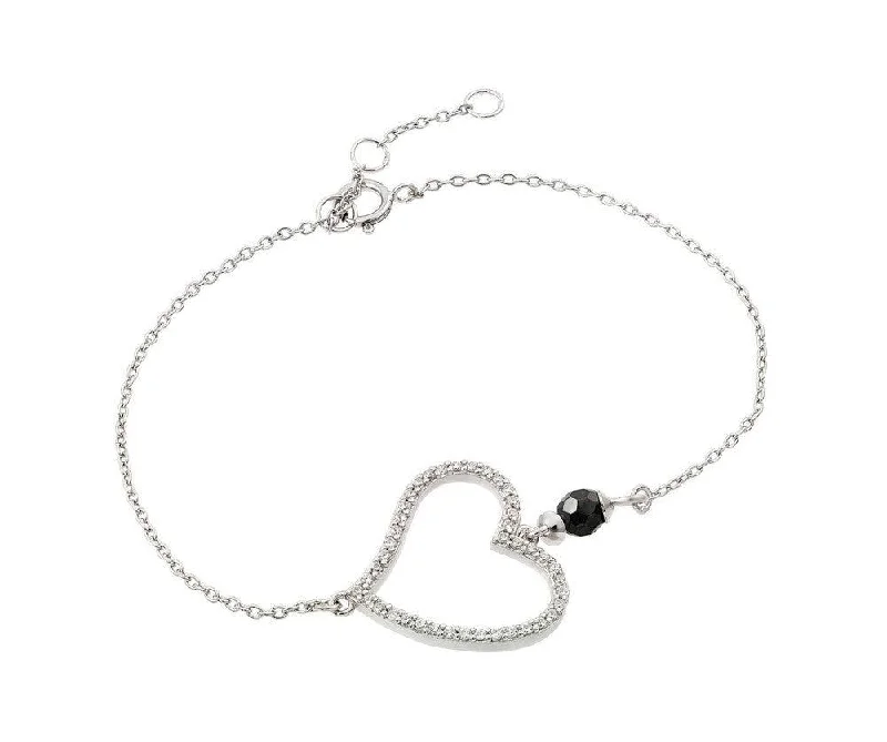 Silver 925 Rhodium Plated Open Heart Outline Clear Black CZ Bracelet - BGB00204