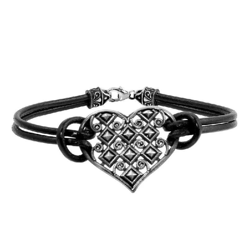 Clearance-Oxidized 925 Sterling Silver Cut Out Designed Heart Leather Bracelet - OXB00015