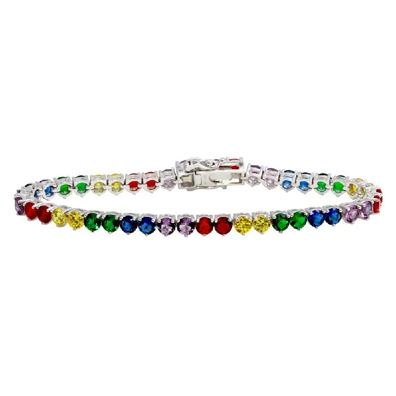 Rhodium Plated 925 Sterling Silver Multi-Colored Tennis Bracelet - GMB00008RBC