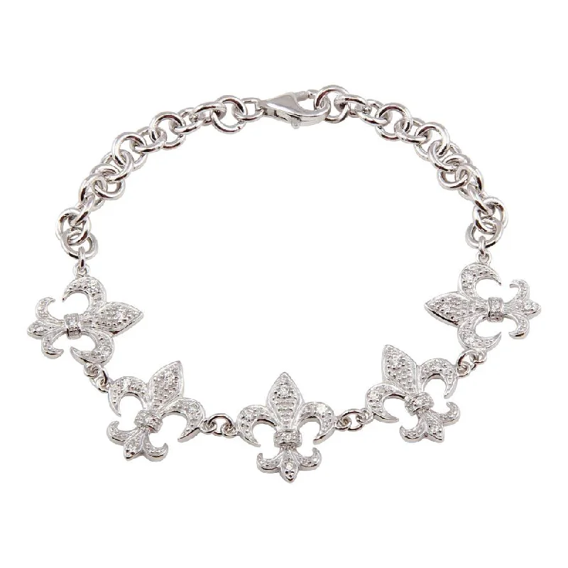 Silver 925 Rhodium Plated Fleur De Lis Clear CZ Bracelet - STB00171