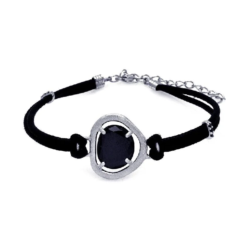 Clearance-Silver 925 Rhodium Plated Black CZ Black Leather Cord Bracelet - STB00437