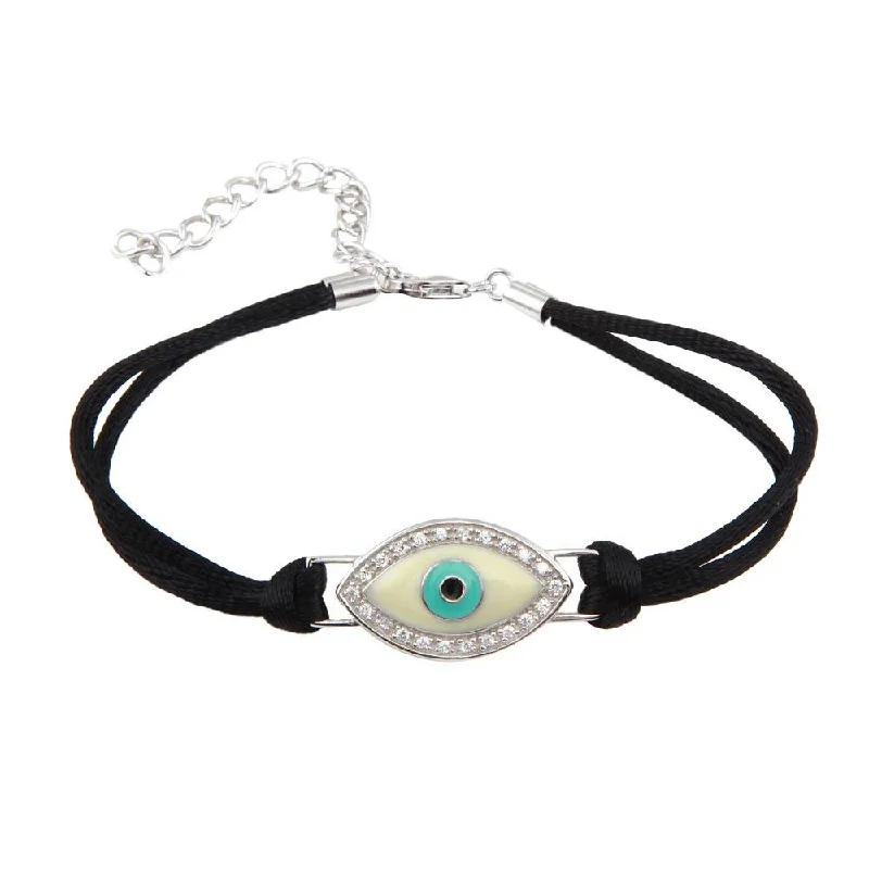 Silver 925 Rhodium Plated Small Evil Eye Clear CZ Black Cord Bracelet - STB00412