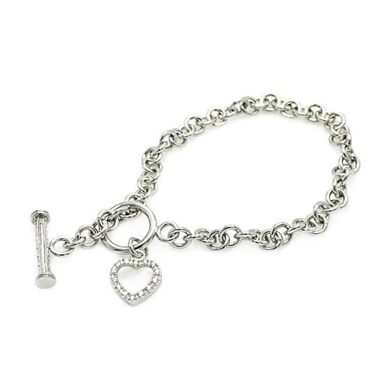 Silver 925 Rhodium Plated Clear CZ Open Heart Bracelet - STB00059