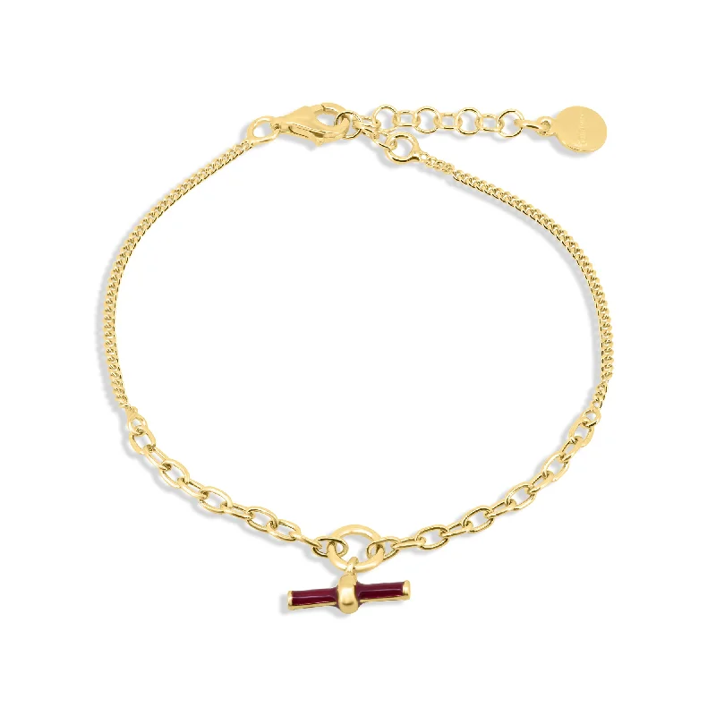 Gold Plated 925 Sterling Silver Curb Link Red Enamel Bar Adjustable Bracelet - ITB00338-GP