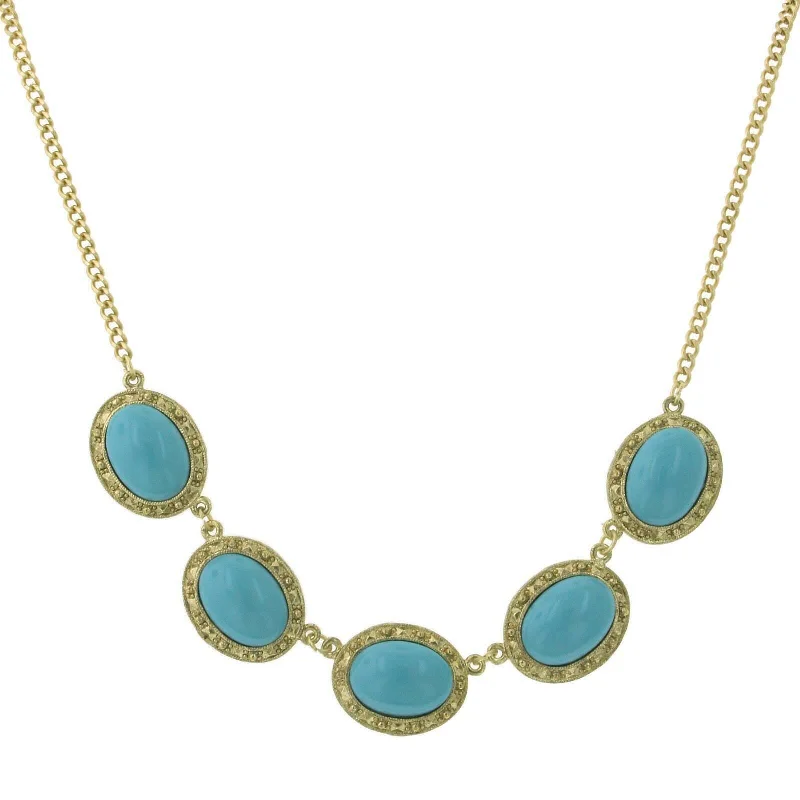 2028 Jewelry Turquoise Color Five Oval Stone Necklace 16" + 3" Extender