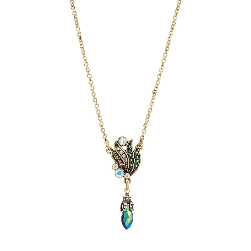 1928 Jewelry Peacock Plumage Art Nouveau Style Blue Iridescent AB Drop Pendant Necklace 16" + 3" Extender