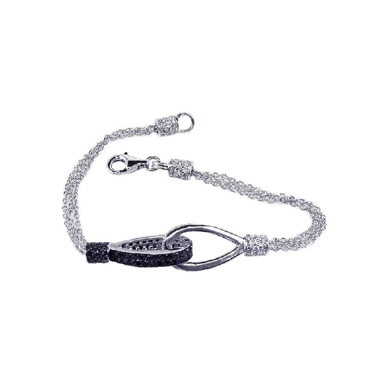 Clearance-Silver 925 Rhodium and Black Rhodium Plated Pave Set Clear and Black CZ Multi Strand Loop Bracelet - STB00281