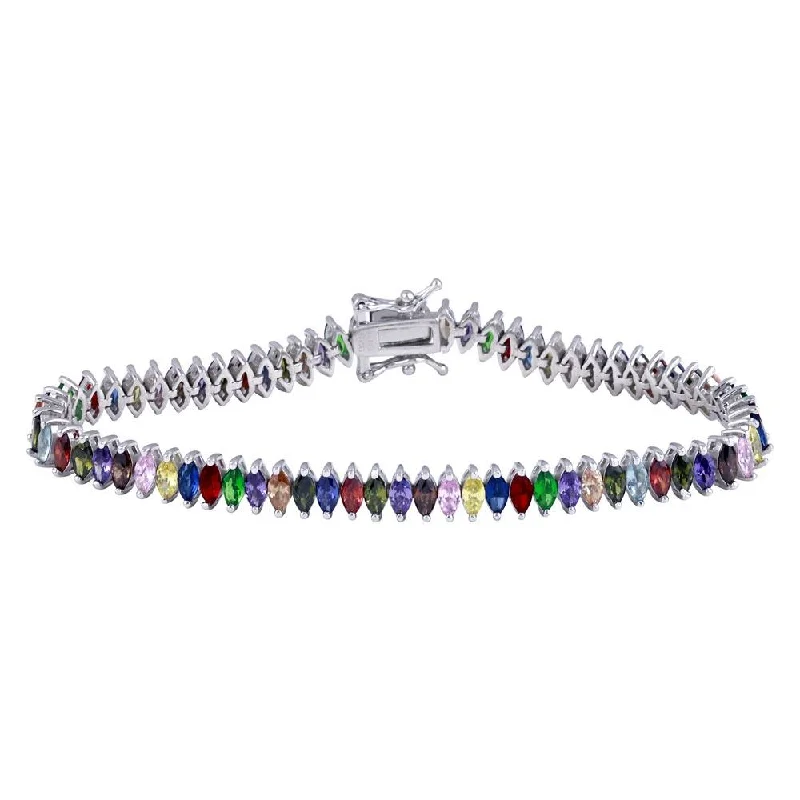 Rhodium Plated 925 Sterling Silver Rainbow Marquise CZ Tennis Bracelet - TMB00002