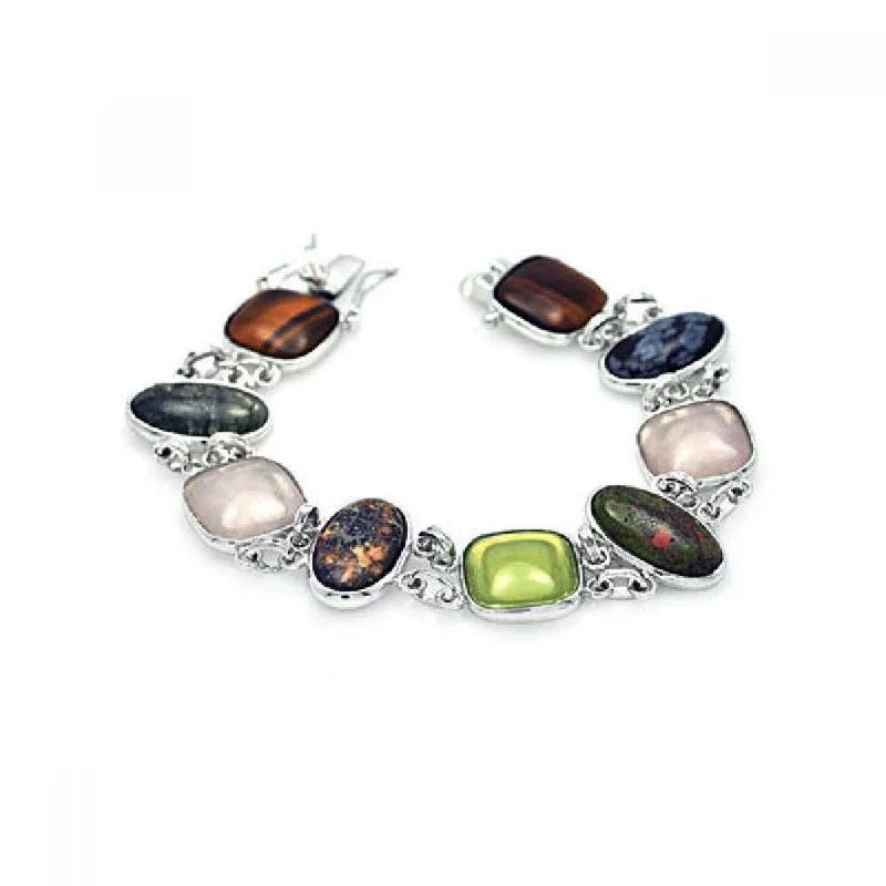 Silver 925 Rhodium Plated Multiple Multicolor Multi-texture Stone Bracelet - BGB00018