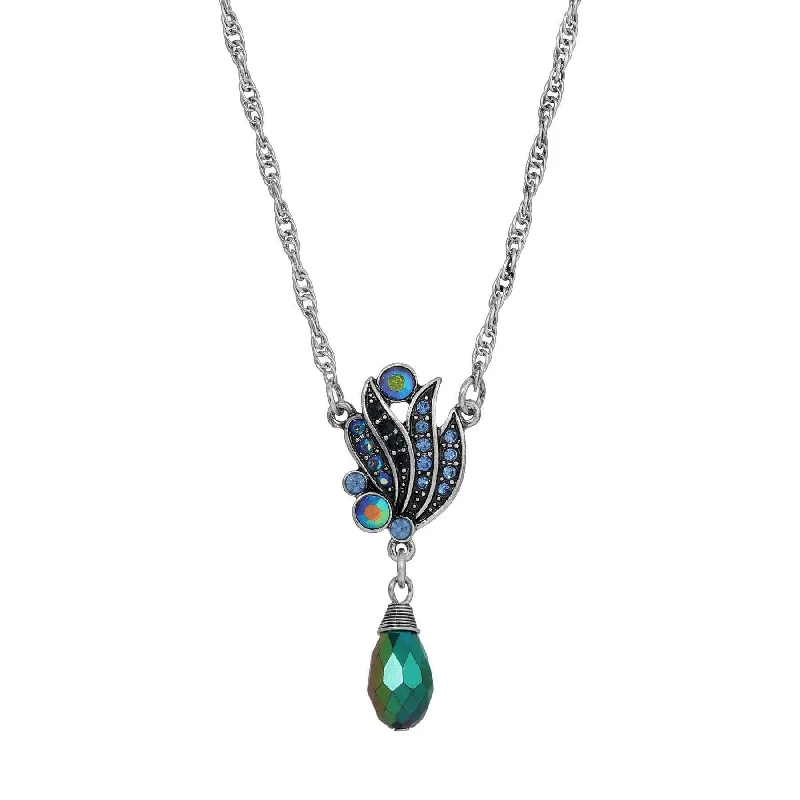 Regency Giovane Iridescent AB Crystal & Blue Stone Drop Necklace 16" + 3" Extender