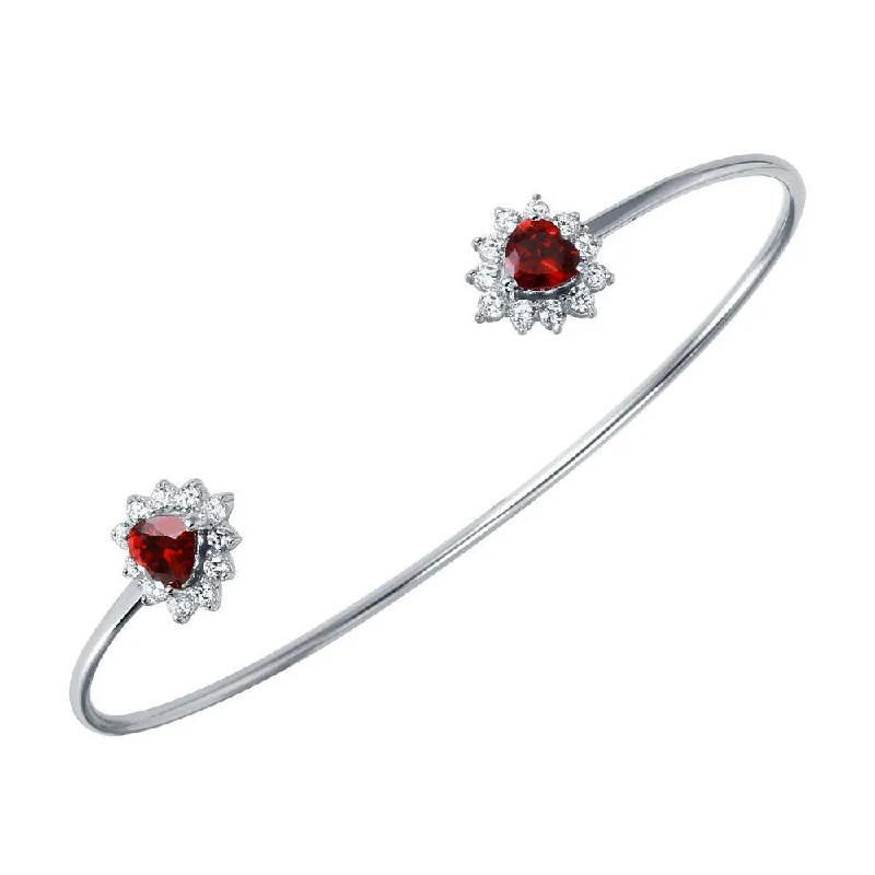 Silver 925 Rhodium Plated Red CZ Hearts Cuff Bracelet - BGB00251