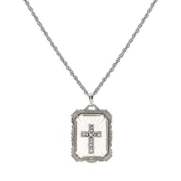 Symbols Of Faith Frosted Stone With Crystal Cross Large Pendant Necklace 18"