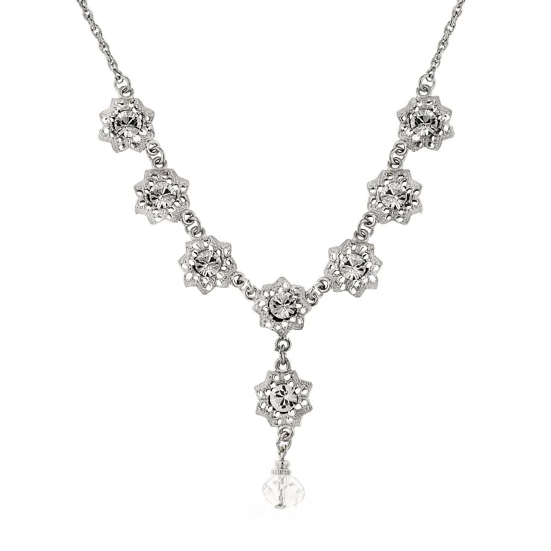 1928 Jewelry Crystal Flower Drop Necklace 16" + 3" Extender