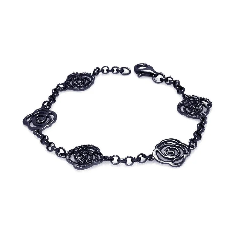 Clearance-Silver 925 Black Rhodium Plated Open Flower Outline Bracelet - BGB00074