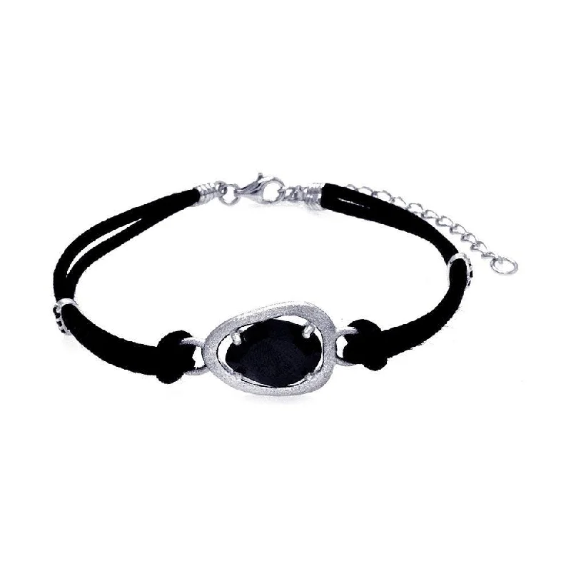 Clearance-Silver 925 Rhodium Plated Black CZ Black Leather Cord Bracelet - STB00436