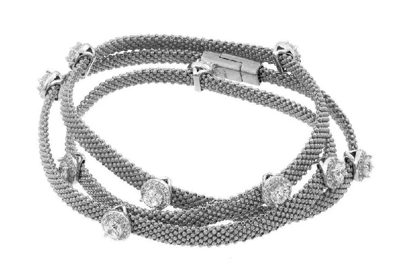 Clearance-Silver 925 Rhodium Plated Clear CZ Double Wrap Beaded Italian Bracelet - PSB00009RH