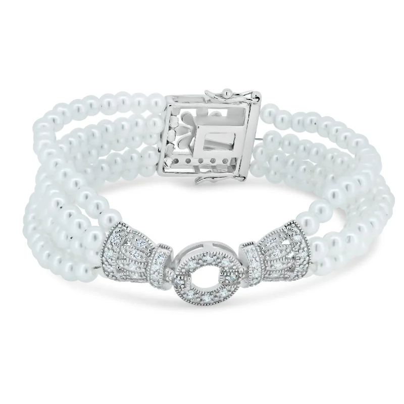 Silver 925 Rhodium Plated Multi Pearl Strand Clear CZ Square and Flower Bracelet - STB00362