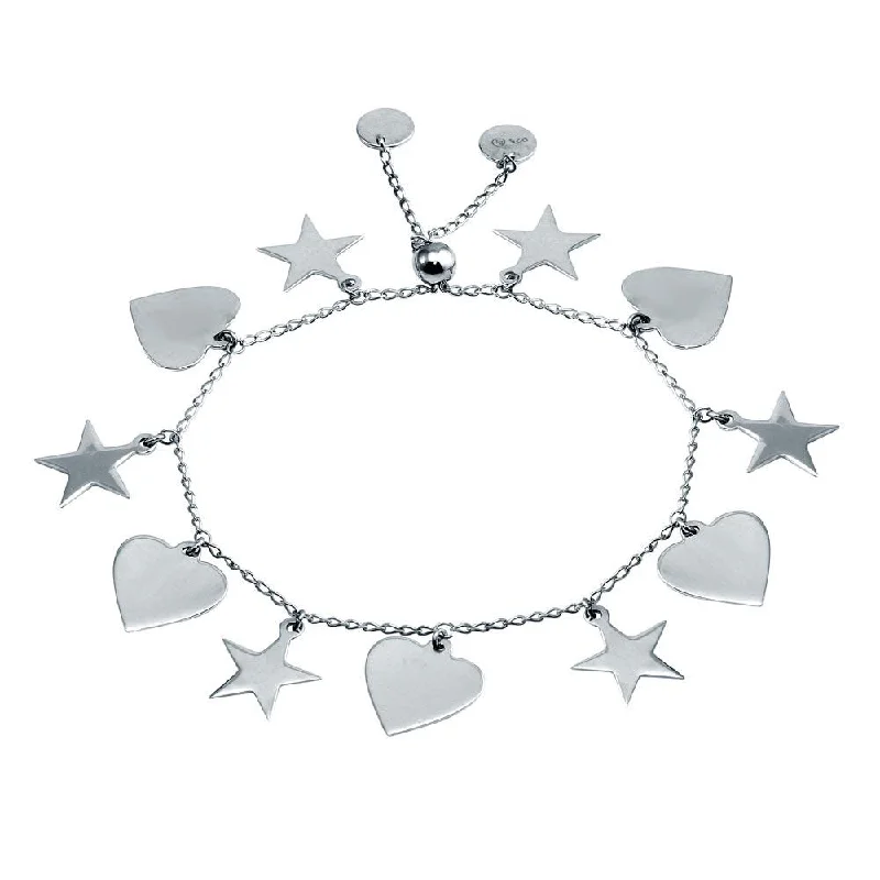 Rhodium Plated 925 Sterling Silver Heart and Star Dangling Bracelet - DIB00073RH