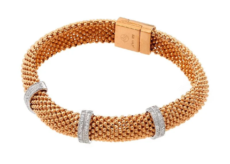 Clearance-Silver 925 Rose Gold Plated Micro Pave Clear CZ Beaded Italian Bracelet - PSB00005RGP