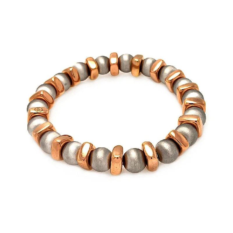 Clearance-Silver 925 Rhodium and Rose Gold Plated Stretchable Bar and Bead Italian Bracelet - ITB00093RGP