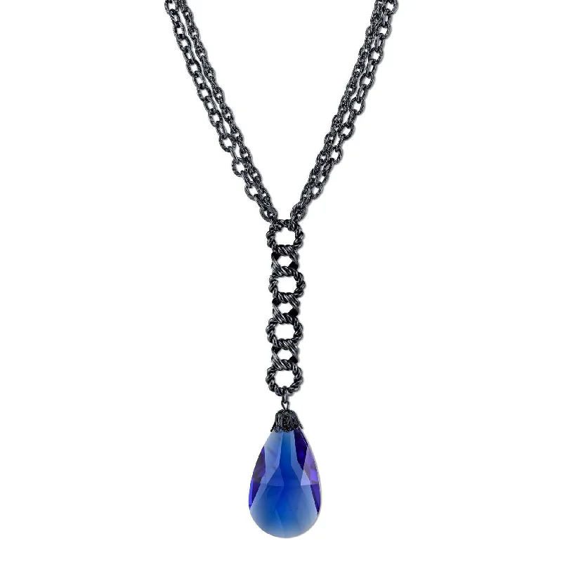 2028 Jewelry Sapphire Blue Briolette Glass Crystal Black Chain Y-Necklace 16" + 3" Extender