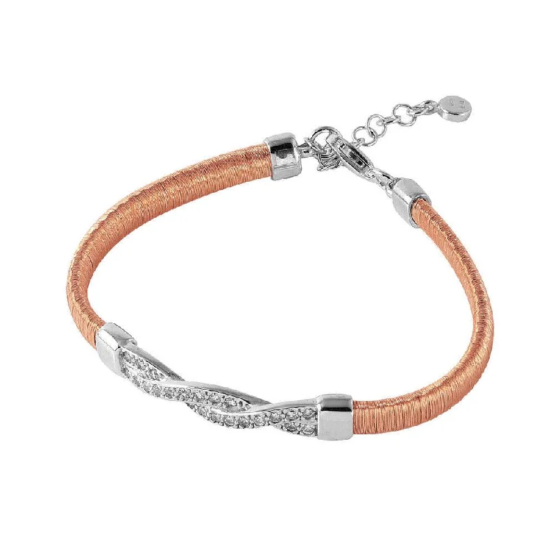 Clearance-Silver 925 Rose Gold Plated Italian Bracelet with Twisted CZ Inlay Accent - ITB00211RGP-RH