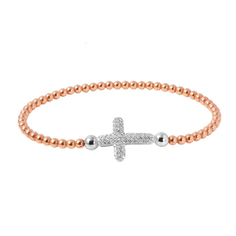 Clearance-Silver 925 Rose Gold Plated Beaded Italian Bracelet With CZ Encrusted Cross - ITB00196RGP-RH