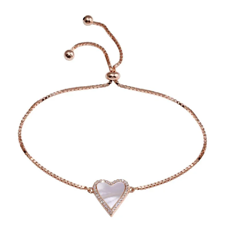 Rose Gold Plated 925 Sterling Silver Lariat MOP CZ Heart Bracelet - STB00584RGP