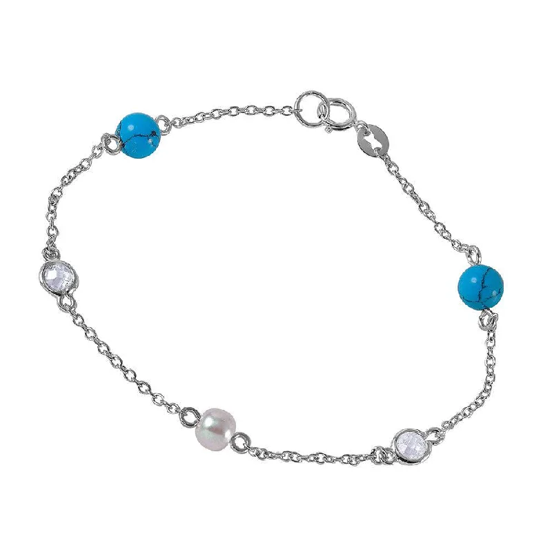 Silver 925 Link Bracelet with Turquoise Beads, Synthetic Pearl and CZ - BGB00259