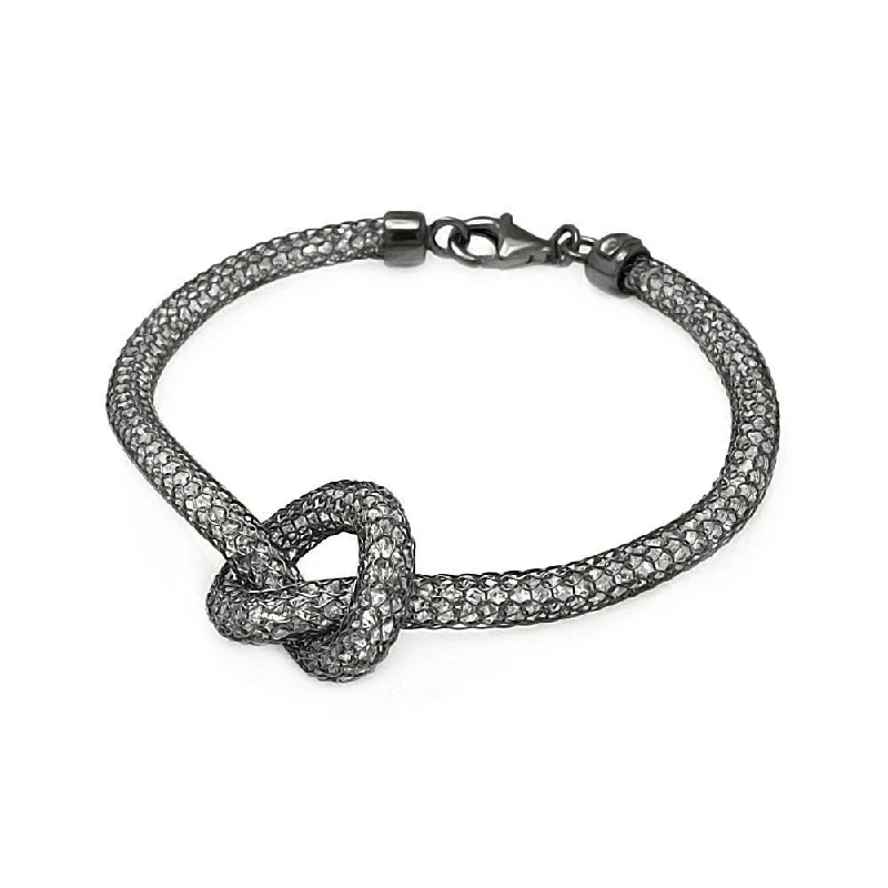 Clearance-Silver 925 Black Rhodium Plated Knot Center Mesh Clear CZ Italian Bracelet - ITB00124BLK