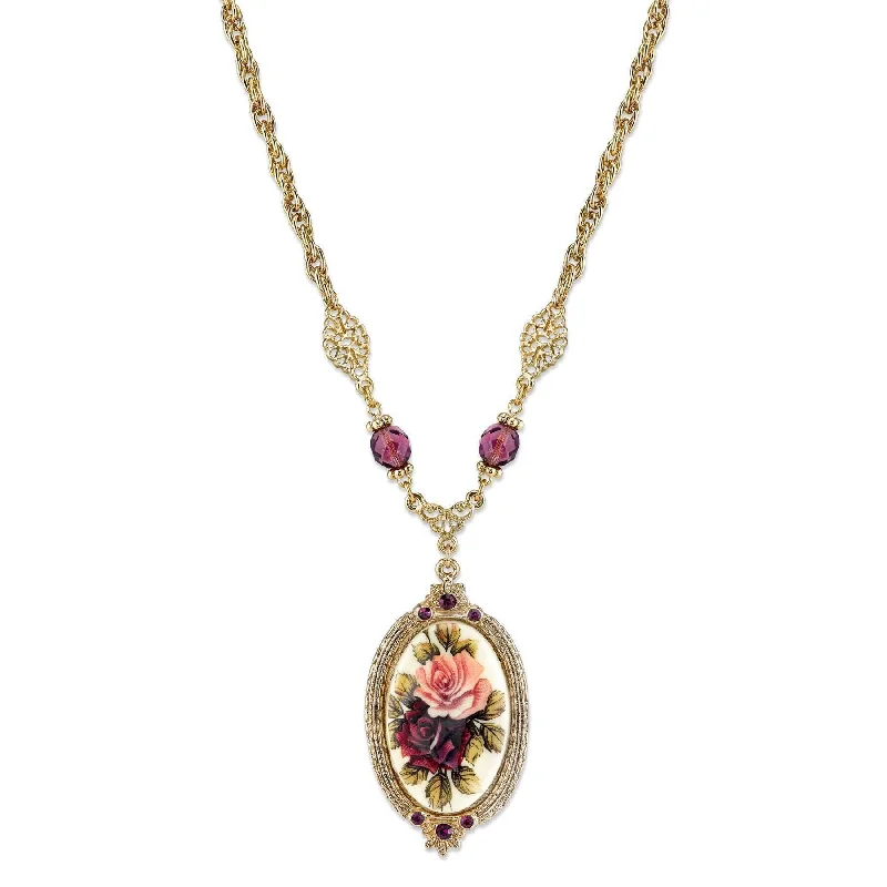 1928 Jewelry Manor House Rose Pendant Amethyst Crystal Pendant Necklace 16" + 3" Extender