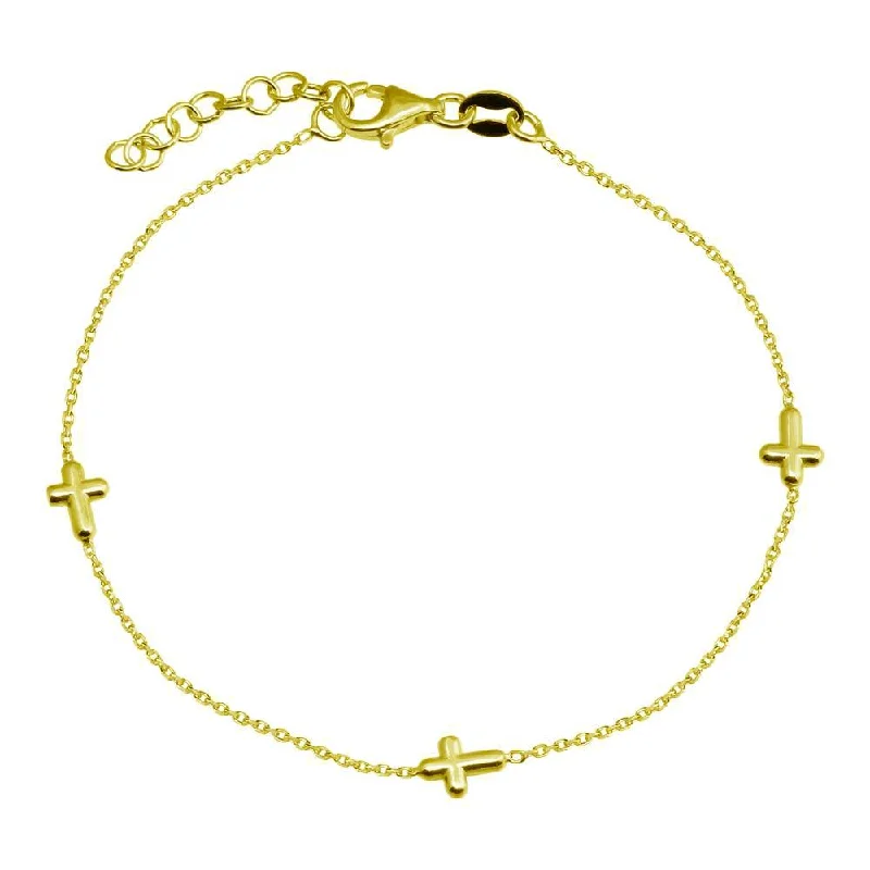 Gold Plated 925 Sterling Silver SIngle Strand Bracelet with 3 Cross - VGB17GP