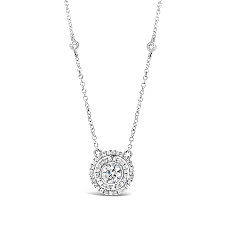 Diamond Double Halo Pendant With Diamond Bezel Necklace