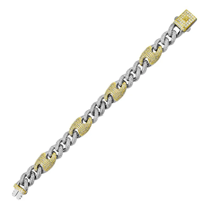 Rhodium Plated 925 Sterling Silver CZ Encrusted Cuban Mariner Link Bracelet 13mm - GMB00093RG