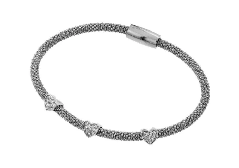 Clearance-Silver 925 Black Rhodium Plated Three Heart Clear CZ Inlay Bracelet - ECB00027RH