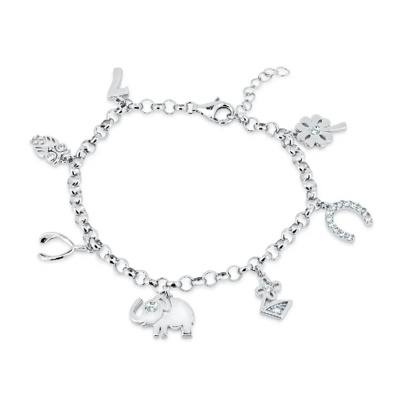 Rhodium Plated 925 Sterling Silver Dangling CZ Animals Charm Good Luck Bracelet - BGB00382