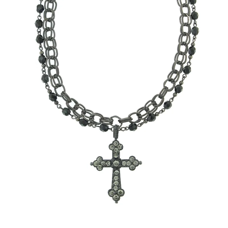 1928 Jewelry Jet Black Diamond Crystal Cross Chain Necklace 16" + 3" Extender